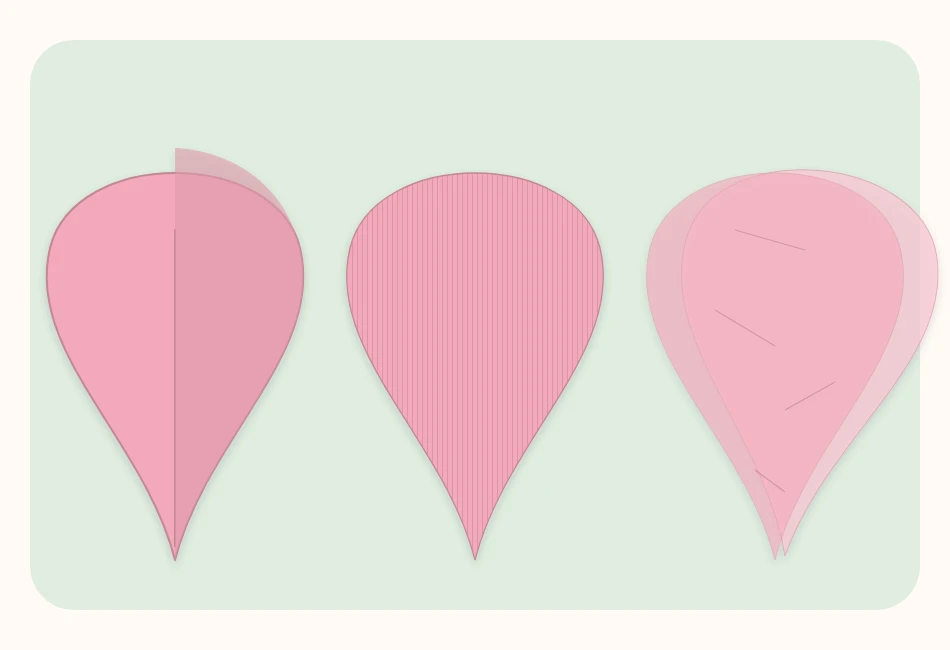The same petal shape made in cardstock, crepe paper and tissue paper, placed side by side
