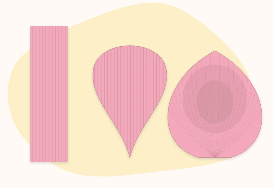 A strip of crepe paper showing vertical grain lines next to a flat petal and a stretched, cupped petal
