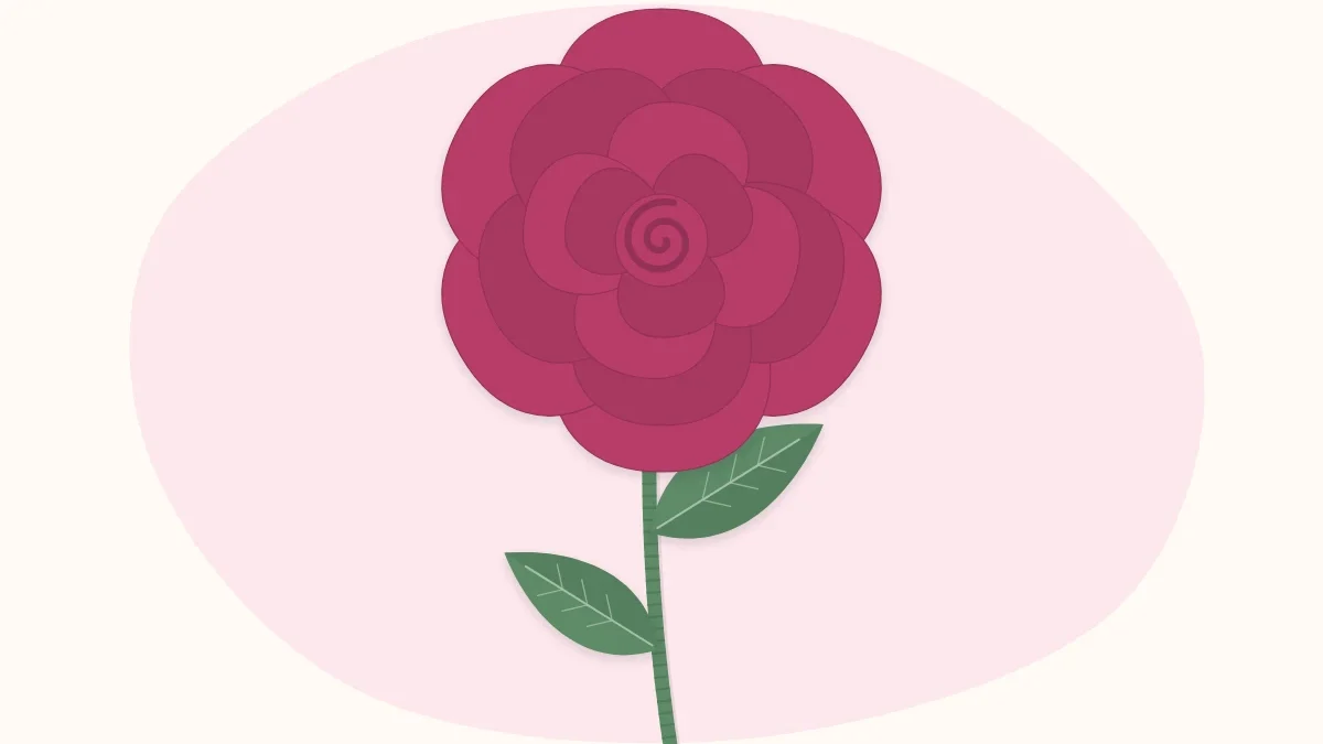 One full crepe paper rose on a wrapped stem with leaves