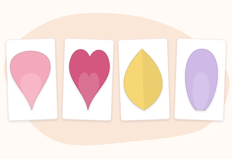 Four petal template shapes laid in a row: teardrop, heart, pointed and rounded