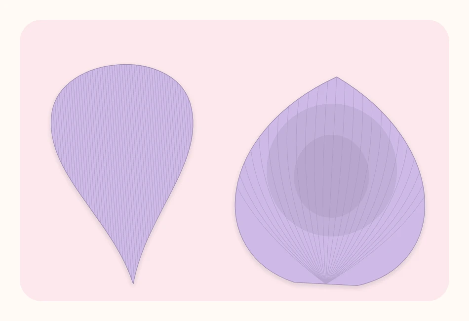 A flat crepe paper petal beside the same petal stretched into a rounded cup