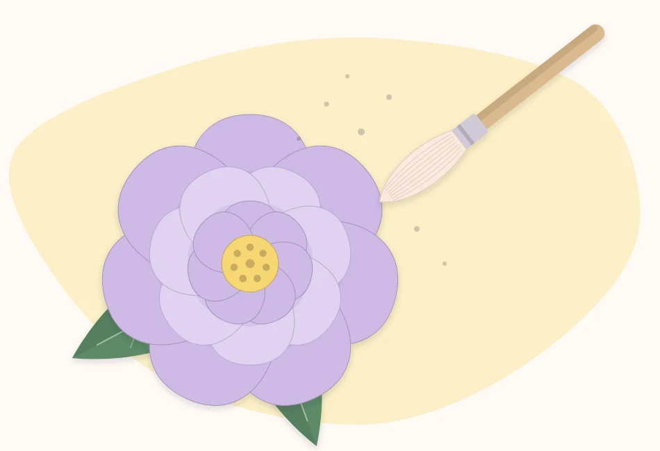 A soft round brush sweeping dust from the petals of a pink paper flower
