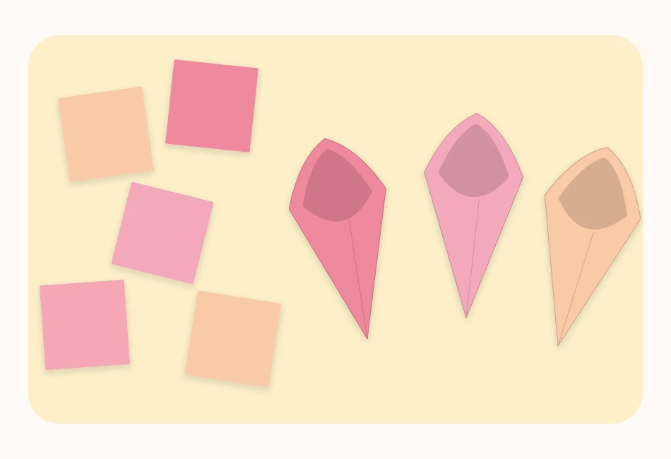 Small paper squares beside three squares that have been rolled into cones