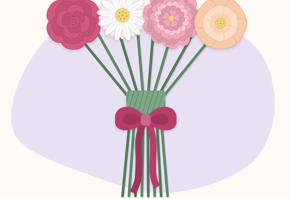 Bouquet stems bound tightly with green floral tape and finished with a ribbon wrapped around the handle