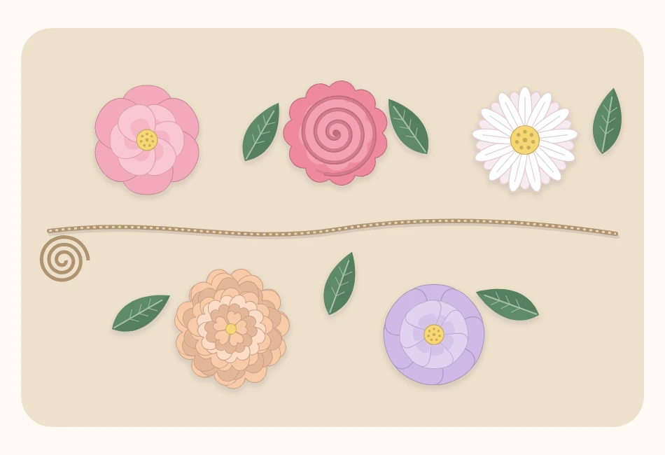 Flat-backed paper flowers and green leaves laid out in a row along a length of twine before being attached
