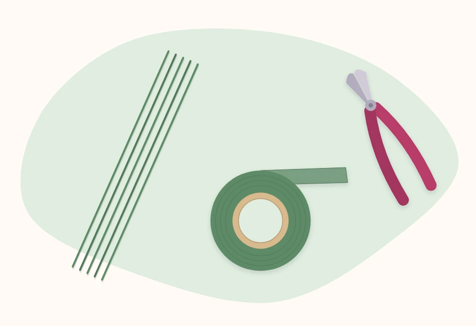 Floral wire stems, a roll of green floral tape and a pair of wire cutters