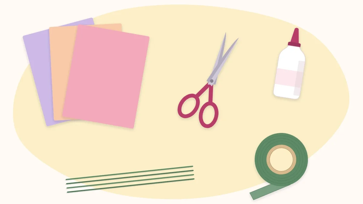 Flat lay of scissors, a glue bottle, floral wire, a roll of floral tape and colored paper sheets