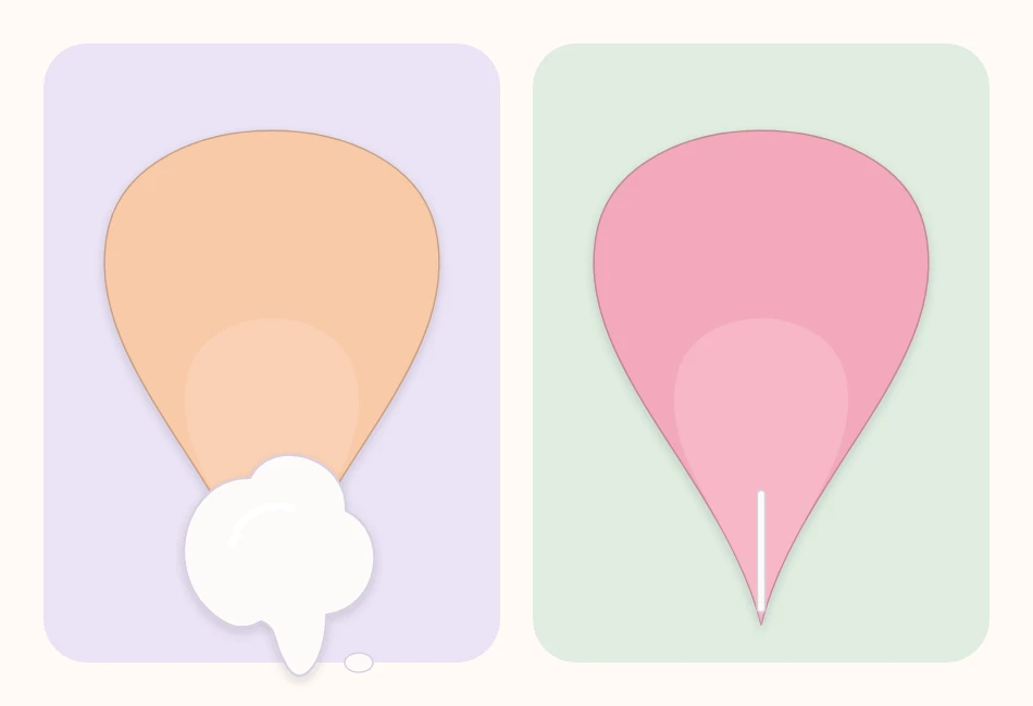 A paper petal with a raised glue blob beside a petal with a clean, thin line of glue at its base
