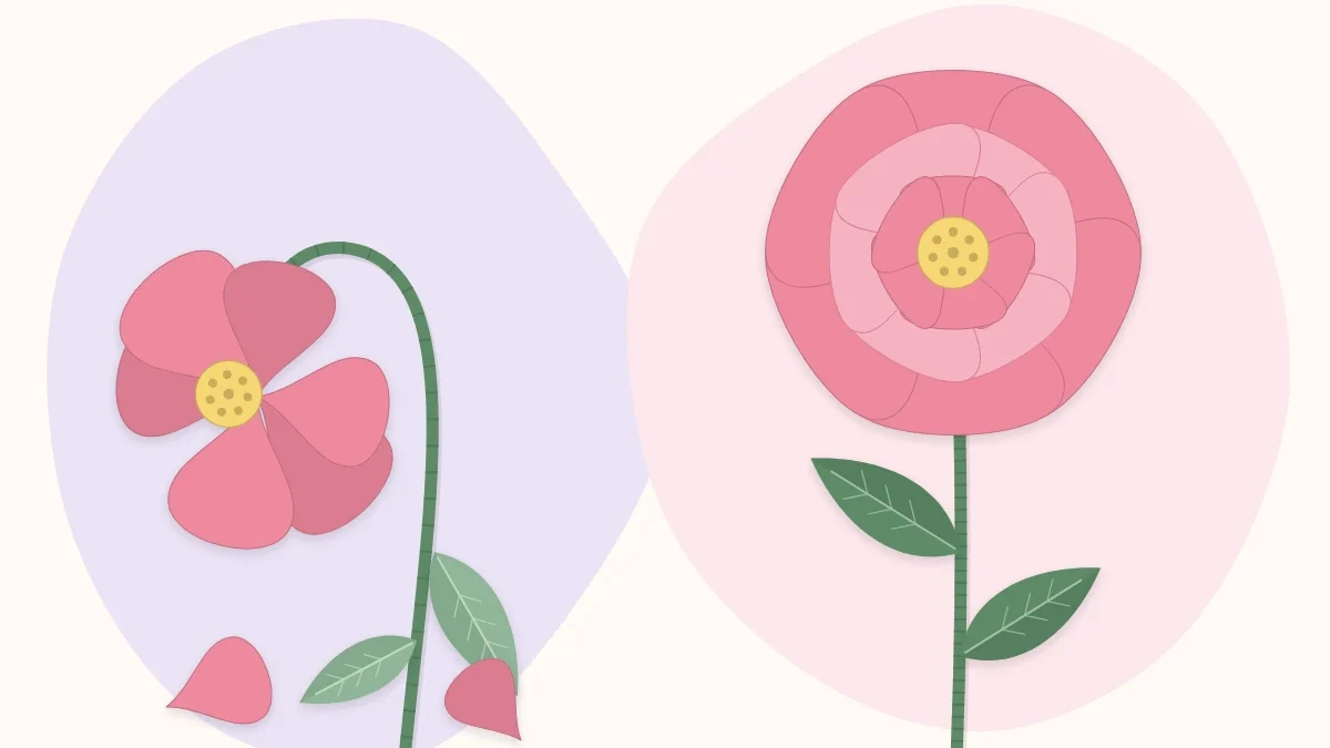 A lopsided, drooping paper flower next to a neat, evenly shaped paper flower