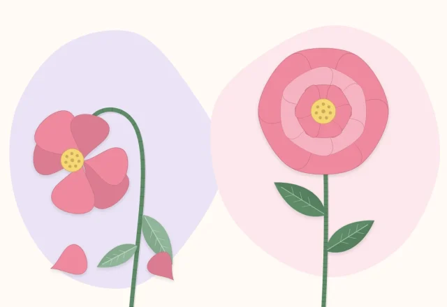 A lopsided, drooping paper flower next to a neat, evenly shaped paper flower