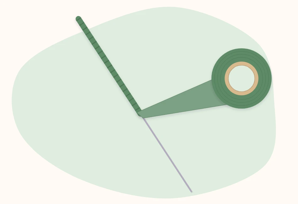 Green floral tape being wrapped diagonally down a floral wire stem
