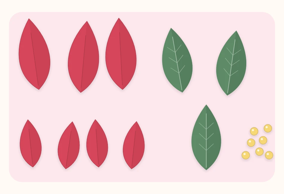 Red pointed paper bracts in two sizes, three green paper leaves and small yellow beads laid out flat