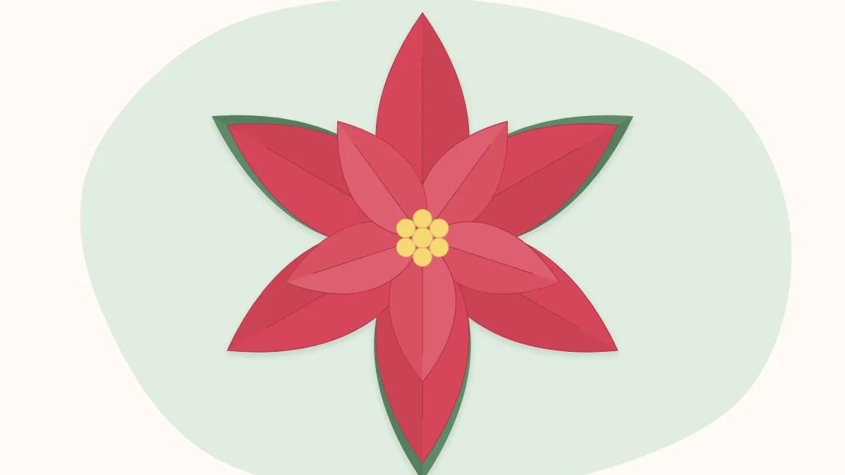 A red paper poinsettia with green leaves and a cluster of yellow beads at its center