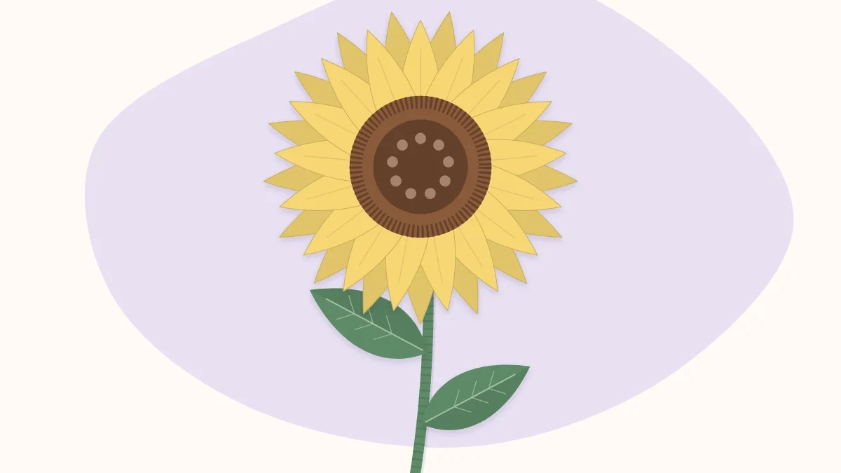 A finished paper sunflower with a green stem and two leaves