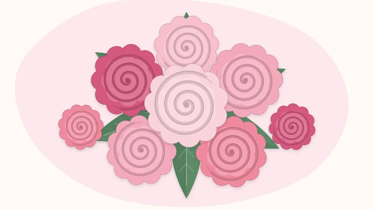Cluster of small rolled spiral paper roses in shades of pink